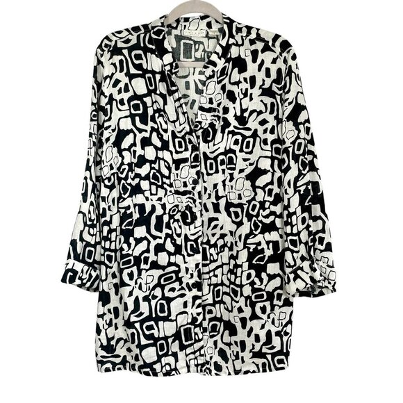 TWEEDS 100% Linen Button Down Tunic Abstract Print Black & White Size 1X Artsy - Picture 13 of 13